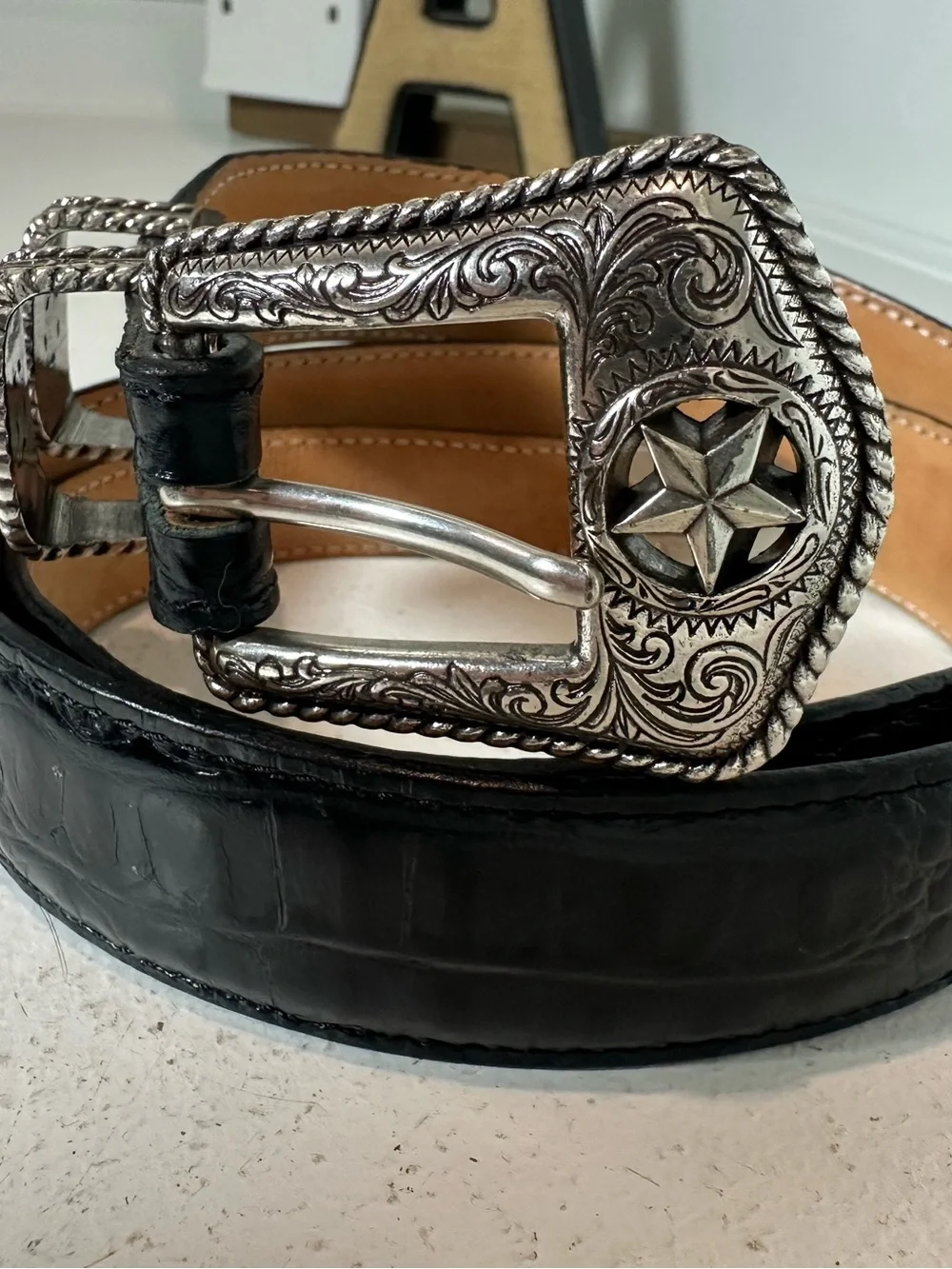 Tony Lama Belt Size 36 Black Leather Embossed Western Belt Silver Star Buckle